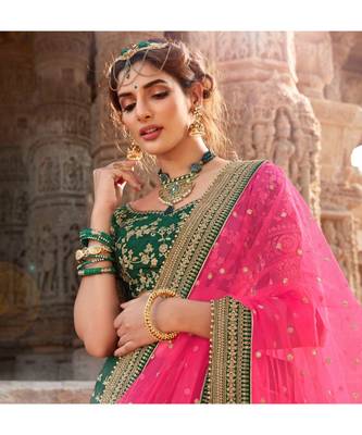 Bottle Green Colour Handloom Silk Lehenga Choli With Pink Colour Net Dupatta 2