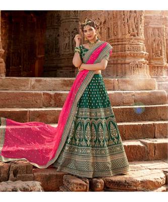 Bottle Green Colour Handloom Silk Lehenga Choli With Pink Colour Net Dupatta 1
