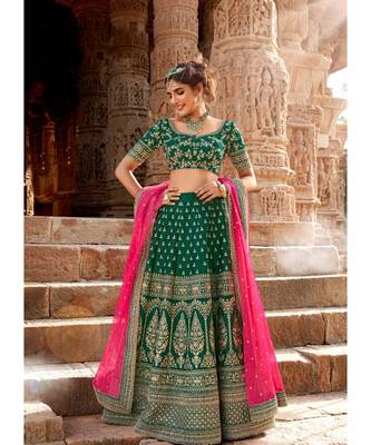Bottle Green Colour Handloom Silk Lehenga Choli With Pink Colour Net Dupatta 4