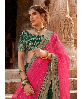 Bottle Green Colour Handloom Silk Lehenga Choli With Pink Colour Net Dupatta 5