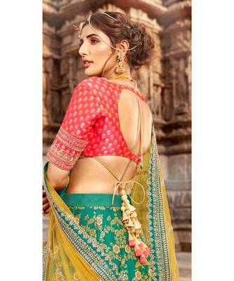 Ferozi Colour Jacquard Lehenga With Rani Colour Jacquard Choli And Yellow Colour Net Dupatta 3