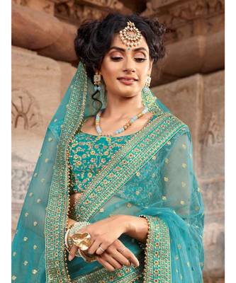 Ferozi Colour Satin Silk Lehenga Choli With Ferozi Colour Net Dupatta 1