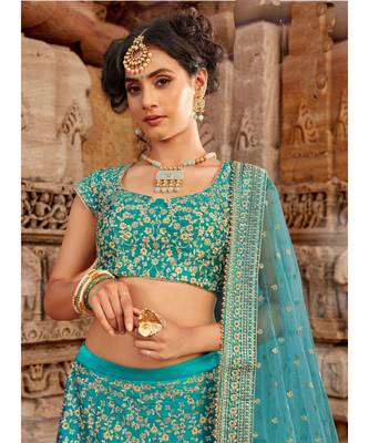 Ferozi Colour Satin Silk Lehenga Choli With Ferozi Colour Net Dupatta 5