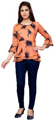 Orange printed georgette chiffon-tops 1
