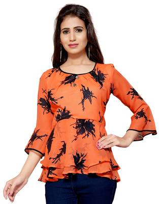Dark orange printed georgette chiffon-tops 1