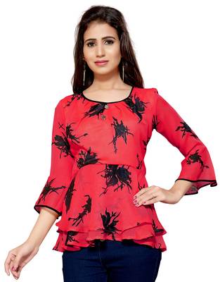 Dark pink printed georgette chiffon-tops 1