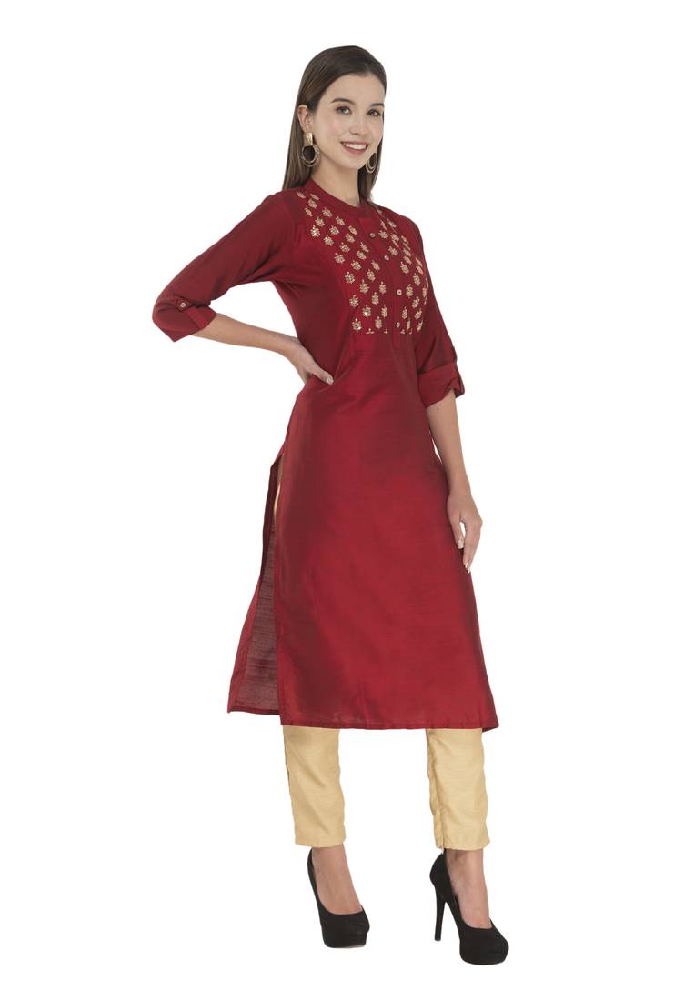 Womens Embroidered Straight Polly Silk