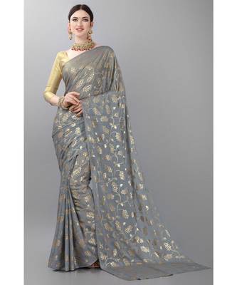 Grey printed faux georgette saree with blouse 1