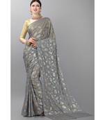 Grey printed faux georgette saree with blouse