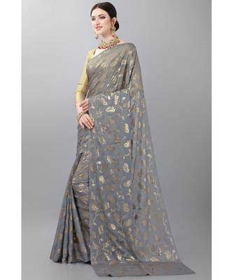 Grey printed faux georgette saree with blouse 2