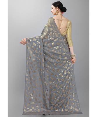 Grey printed faux georgette saree with blouse 3