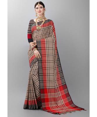 Beige printed poly cotton saree with blouse 1