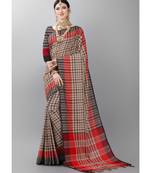 Beige printed poly cotton saree with blouse