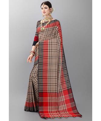 Beige printed poly cotton saree with blouse 2
