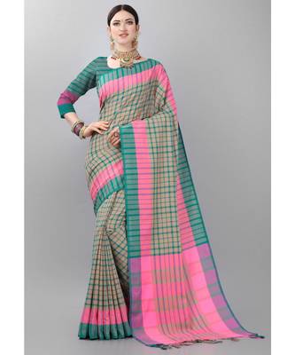 Beige printed poly cotton saree with blouse 1