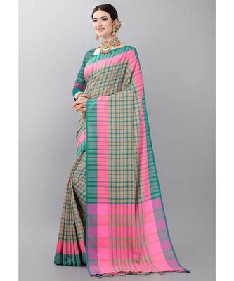 Beige printed poly cotton saree with blouse 2