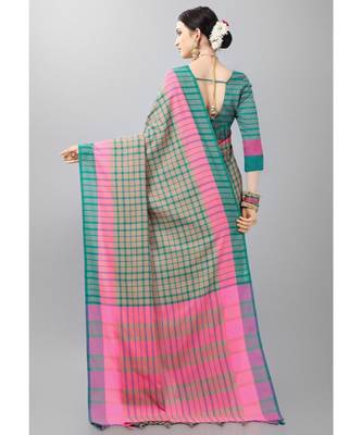 Beige printed poly cotton saree with blouse 3