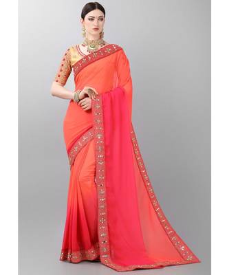 Orange woven faux georgette saree with blouse 1