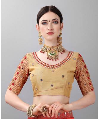 Orange woven faux georgette saree with blouse 4