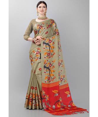 Beige printed art silk saree with blouse 1