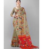 Beige printed art silk saree with blouse