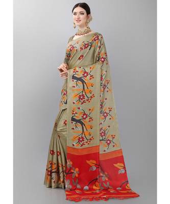 Beige printed art silk saree with blouse 2