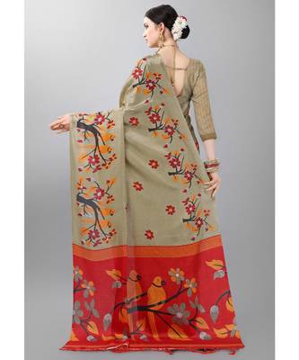Beige printed art silk saree with blouse 3