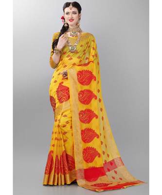 Yellow woven art silk saree with blouse 1