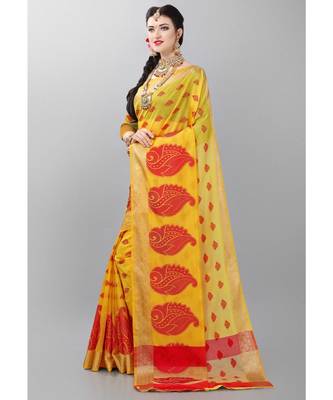 Yellow woven art silk saree with blouse 2