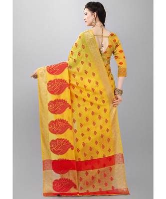 Yellow woven art silk saree with blouse 3