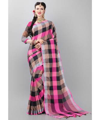 Multicolor woven poly cotton saree with blouse 1