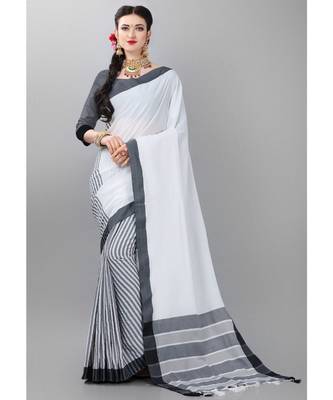 White printed poly cotton saree with blouse 1