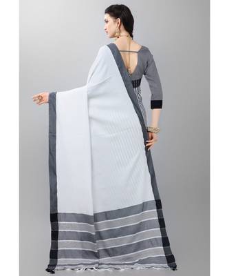 White printed poly cotton saree with blouse 3