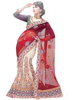 Red Embroidered Net Saree With Blouse 1