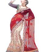 Red Embroidered Net Saree With Blouse