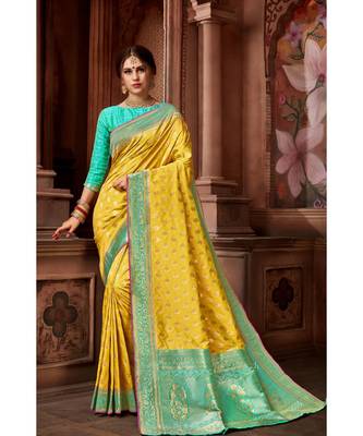 Yellow woven blended silk banarasi saree with blouse 1