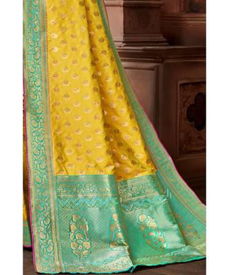 Yellow woven blended silk banarasi saree with blouse 2