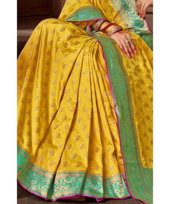 Yellow woven blended silk banarasi saree with blouse 3