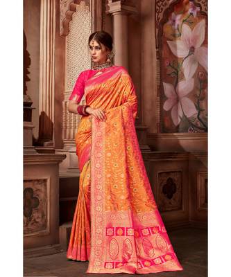 orange woven blended silk banarasi saree with blouse 1