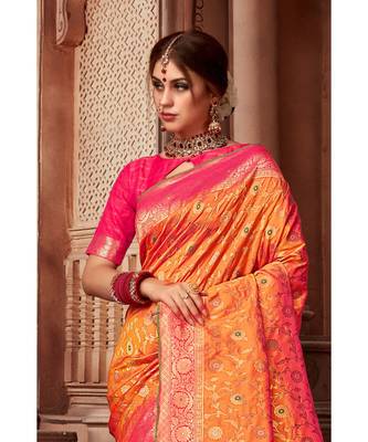 orange woven blended silk banarasi saree with blouse 3