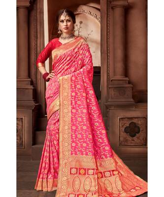 Pink woven blended silk banarasi saree with blouse 1