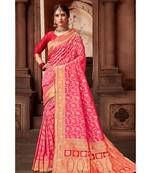 Pink woven blended silk banarasi saree with blouse