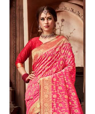 Pink woven blended silk banarasi saree with blouse 3