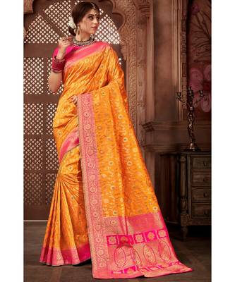 orange woven blended silk banarasi saree with blouse 1