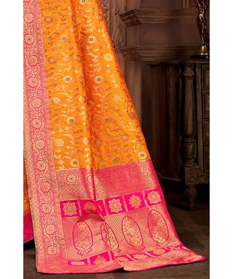 orange woven blended silk banarasi saree with blouse 2