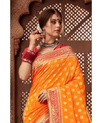 orange woven blended silk banarasi saree with blouse 3