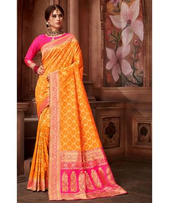 orange woven blended silk banarasi saree with blouse 1