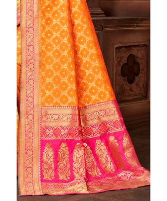 orange woven blended silk banarasi saree with blouse 2