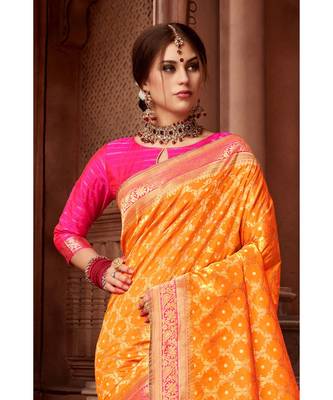 orange woven blended silk banarasi saree with blouse 3