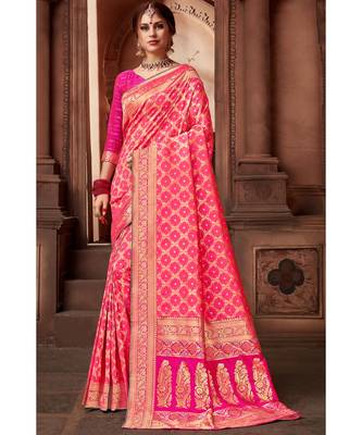 Pink woven blended silk banarasi saree with blouse 1